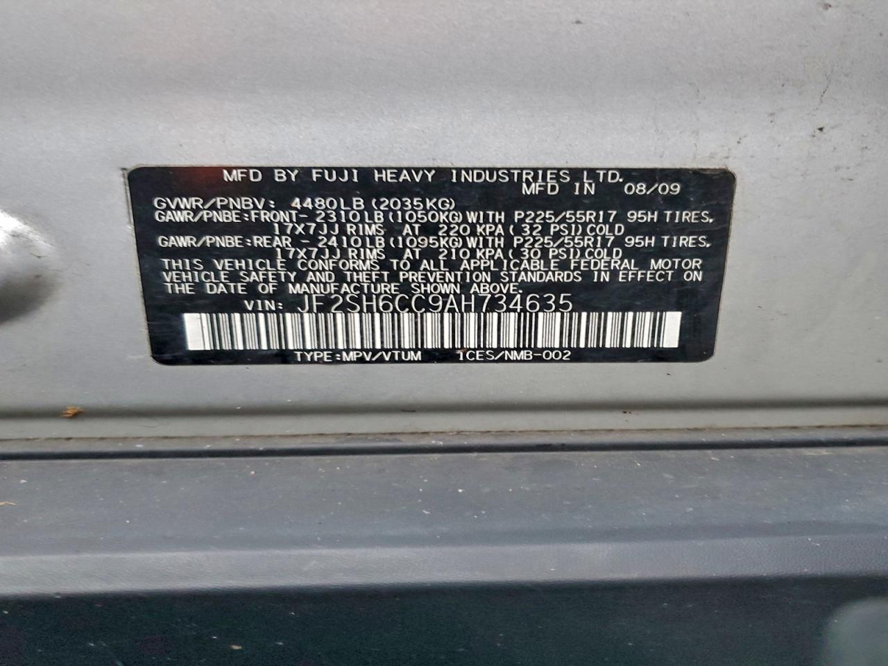 2010 Subaru Forester 2.5X Premium VIN: JF2SH6CC9AH734635 Lot: 94816135