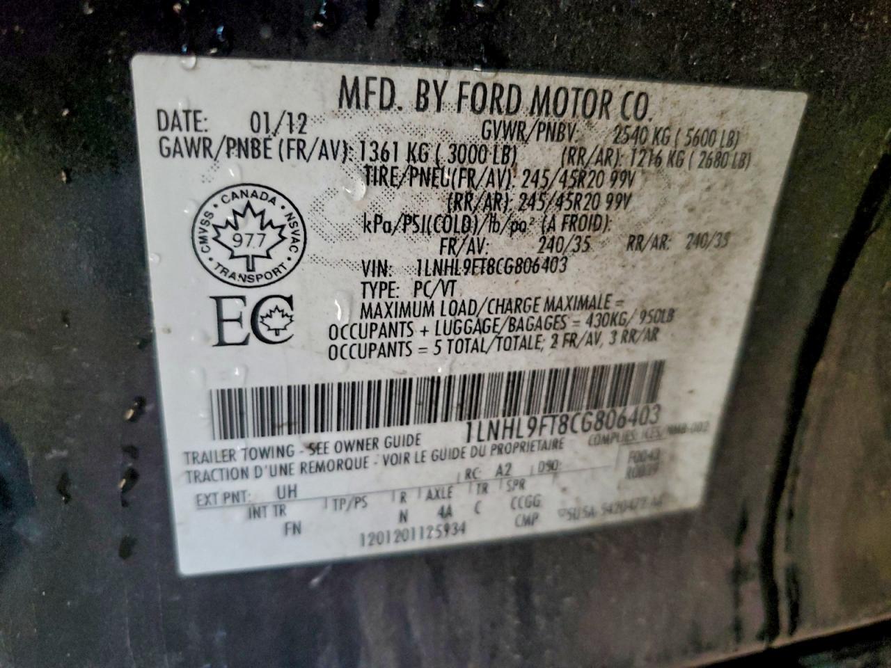 2012 Lincoln Mks VIN: 1LNHL9FT8CG806403 Lot: 96263755