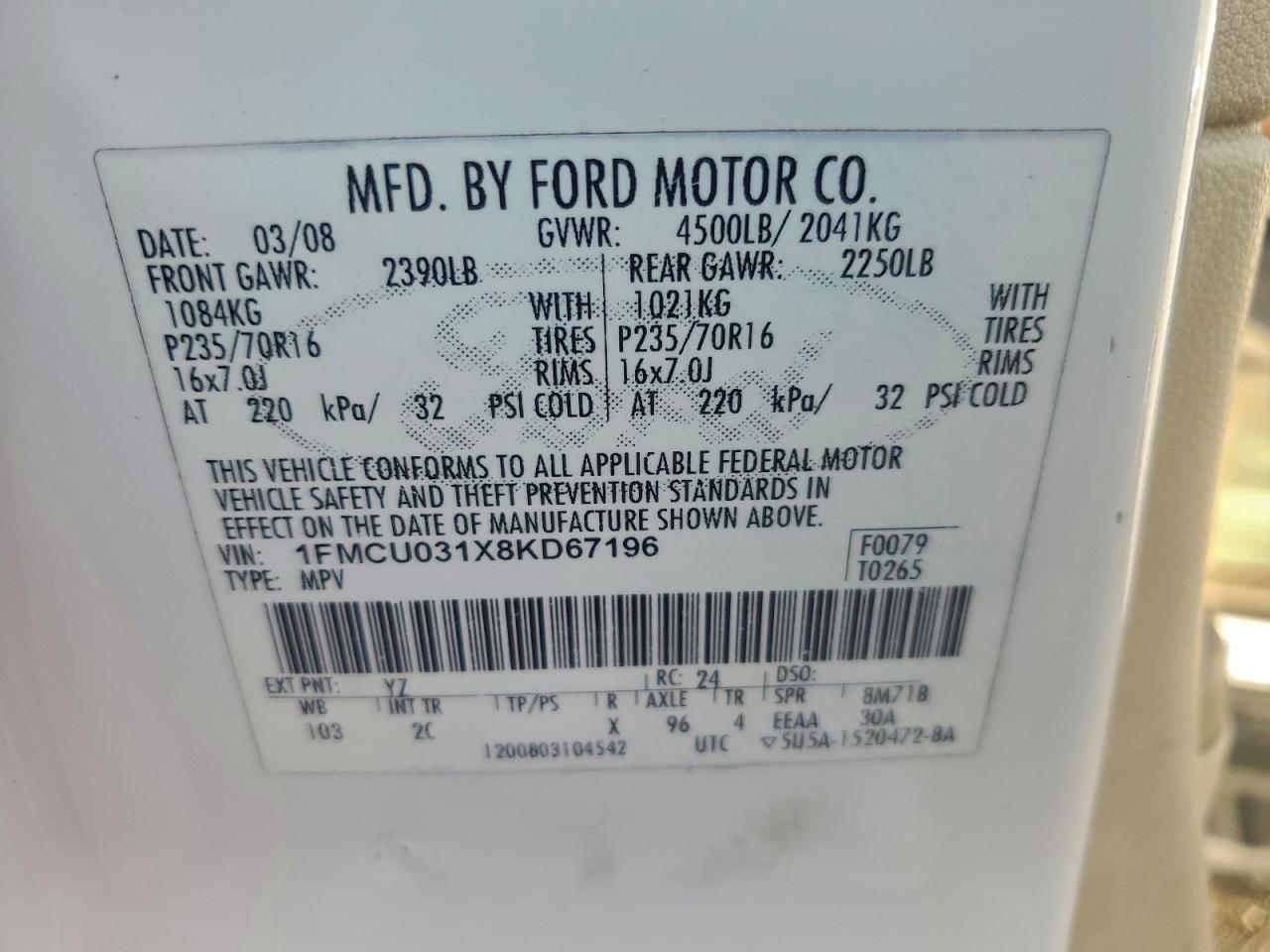 2008 Ford Escape Xlt VIN: 1FMCU031X8KD67196 Lot: 96759005