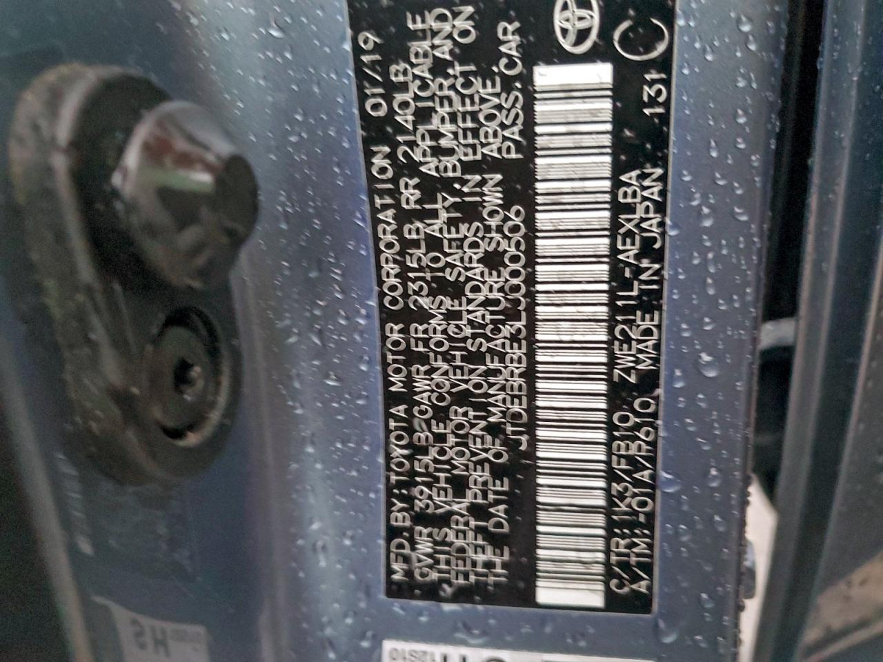 2020 Toyota Corolla Le VIN: JTDEBRBE3LJ000506 Lot: 95835835