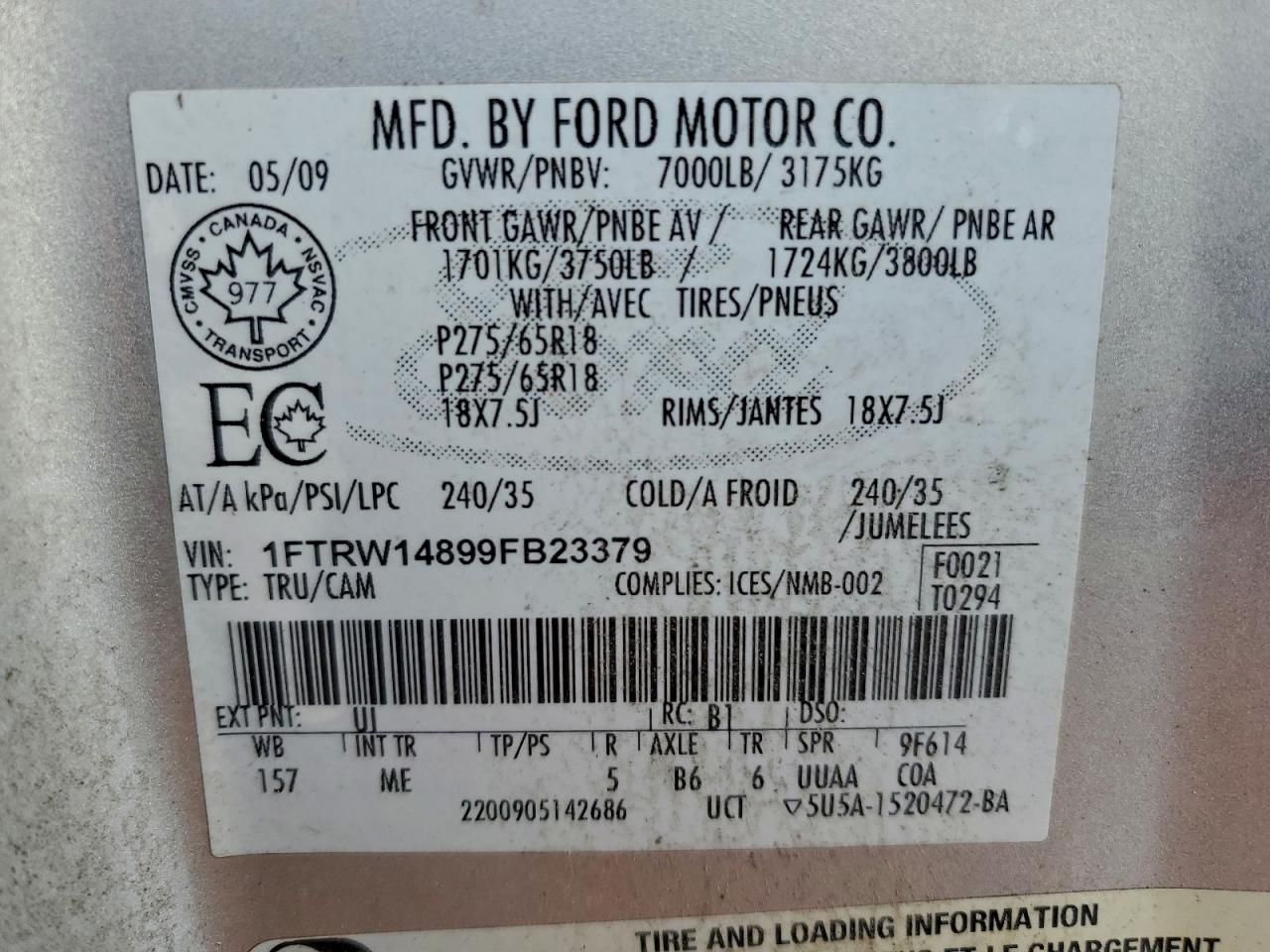 2009 Ford F150 Supercrew VIN: 1FTRW14899FB23379 Lot: 94474735