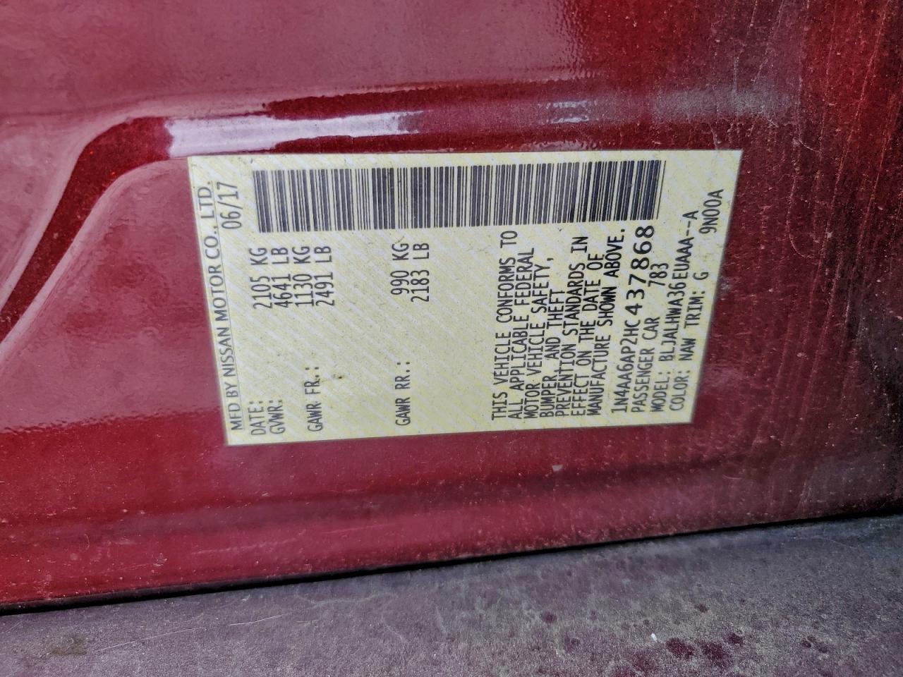 2017 Nissan Maxima 3.5S VIN: 1N4AA6AP2HC437868 Lot: 95534965