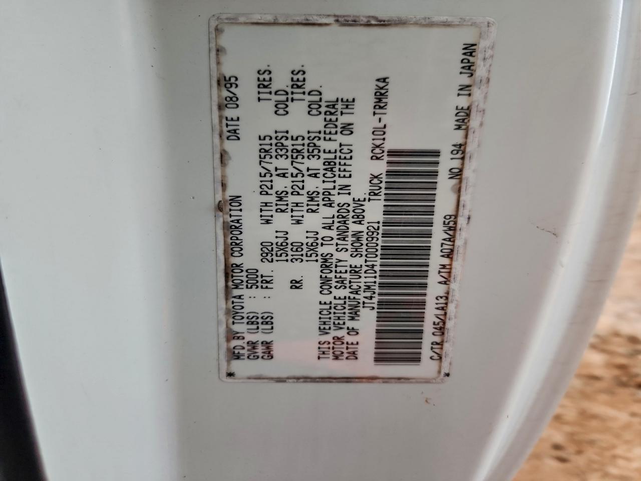 1996 Toyota T100 VIN: JT4JM11D4T0009921 Lot: 95160855