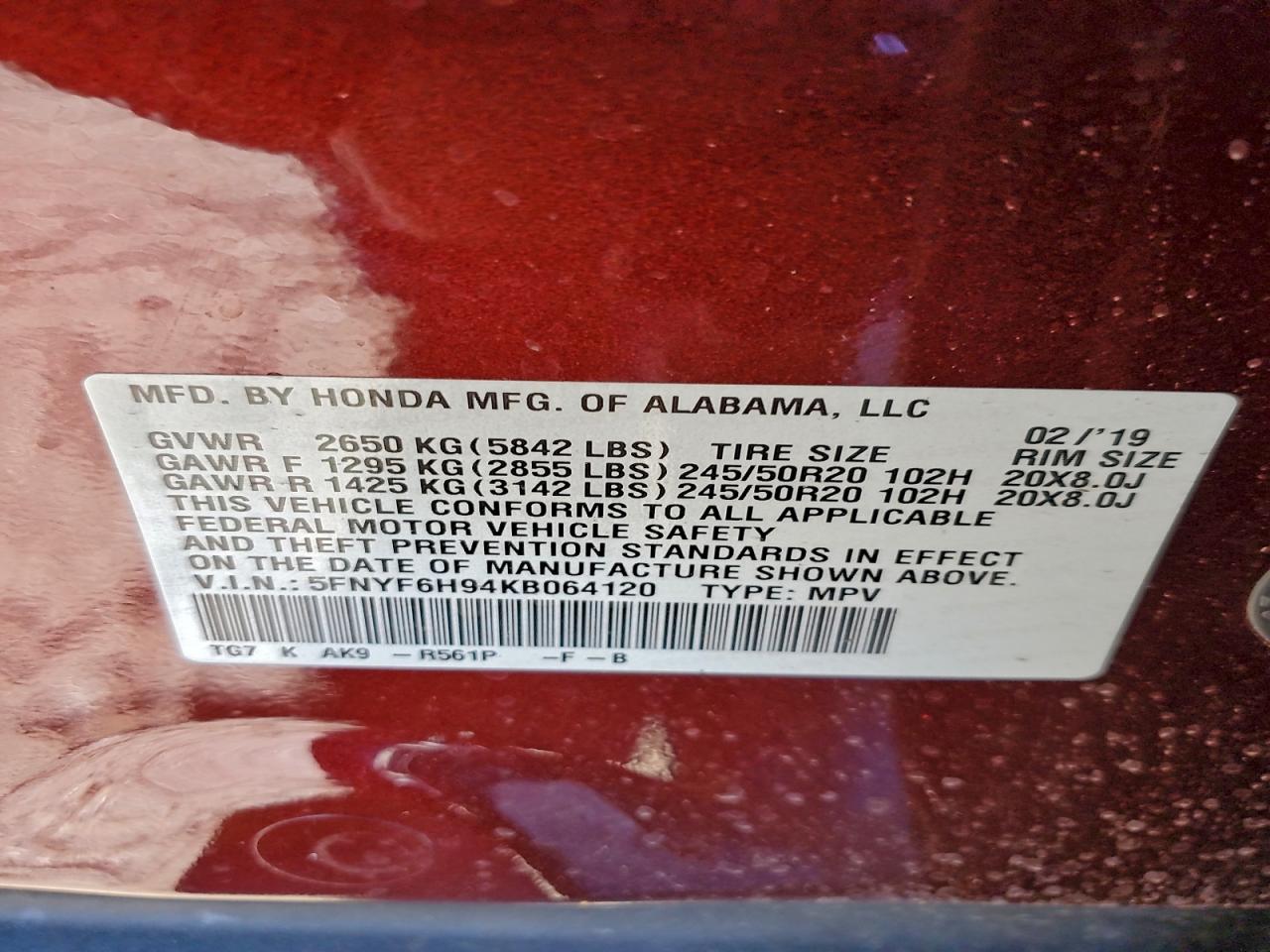 2019 Honda Pilot Touring VIN: 5FNYF6H94KB064120 Lot: 95516155