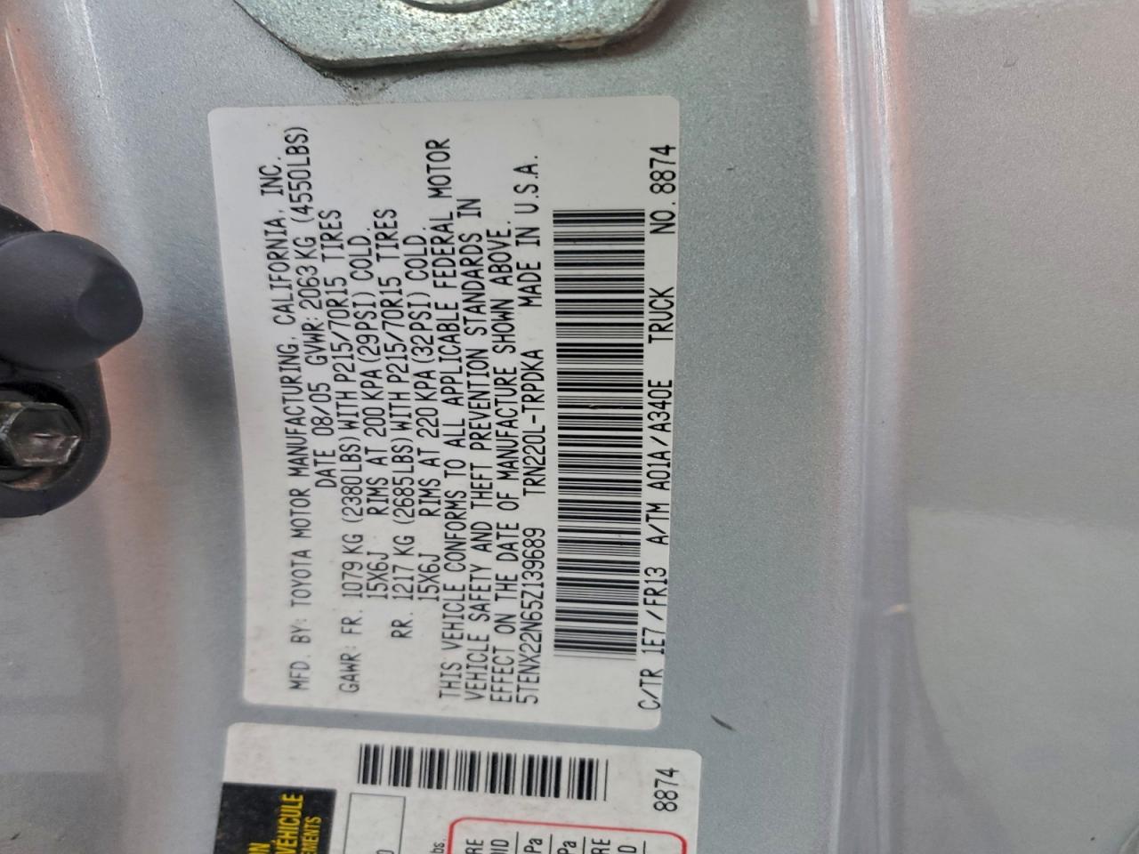 2005 Toyota Tacoma VIN: 5TENX22N65Z139689 Lot: 95852785