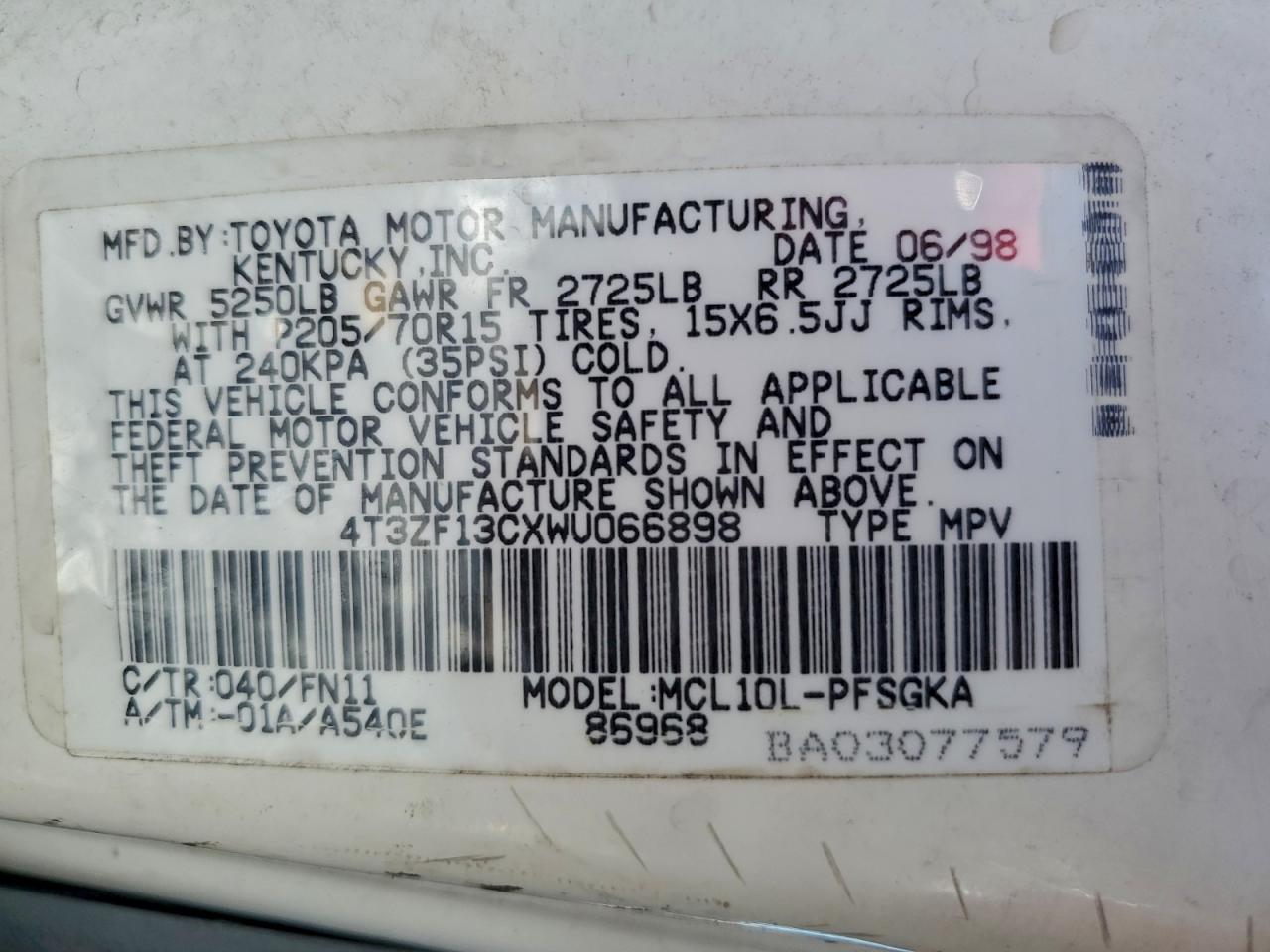 1998 Toyota Sienna Le VIN: 4T3ZF13CXWU066898 Lot: 95279375