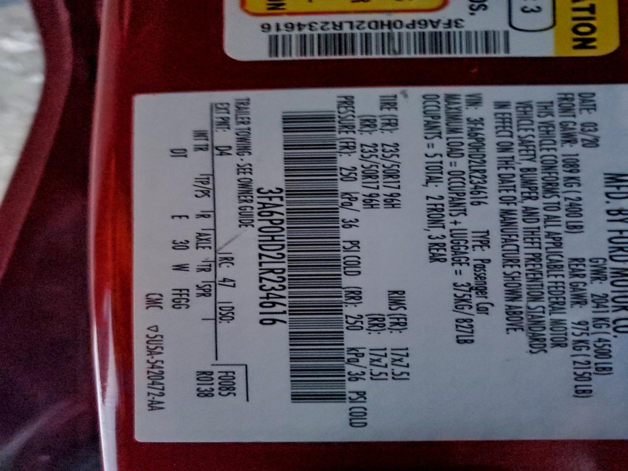 2020 Ford Fusion Se VIN: 3FA6P0HD2LR234616 Lot: 94436205