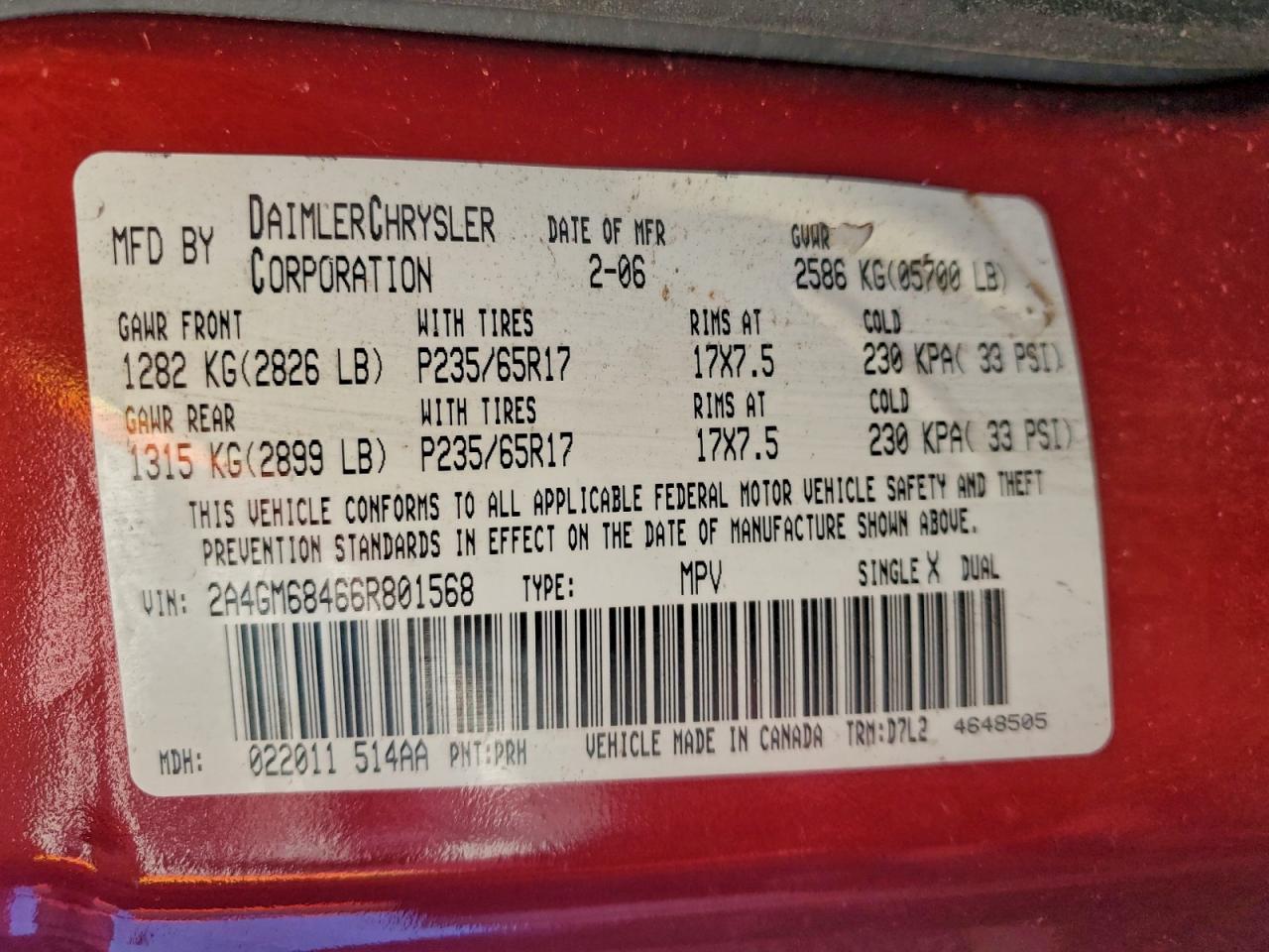 2006 Chrysler Pacifica Touring VIN: 2A4GM68466R801568 Lot: 95546635