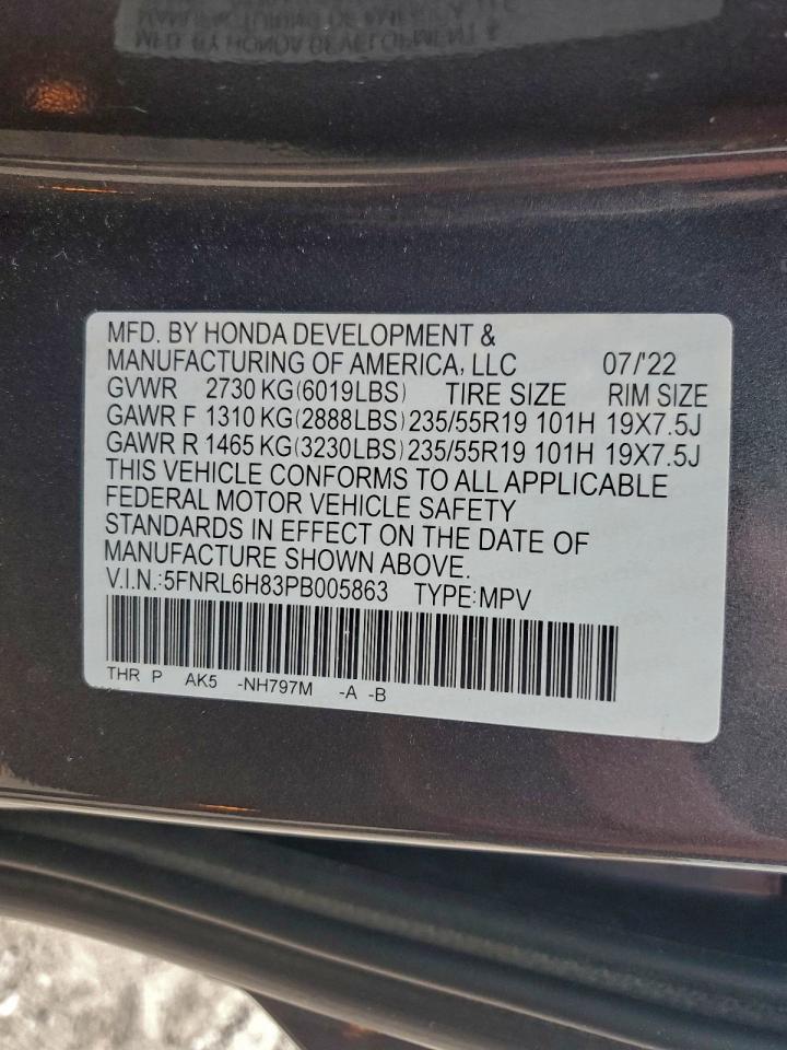 2023 Honda Odyssey Touring VIN: 5FNRL6H83PB005863 Lot: 95747295