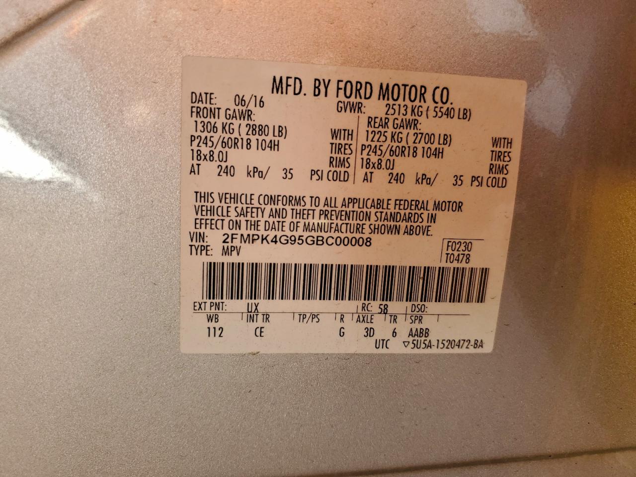 2016 Ford Edge Se VIN: 2FMPK4G95GBC00008 Lot: 94366845