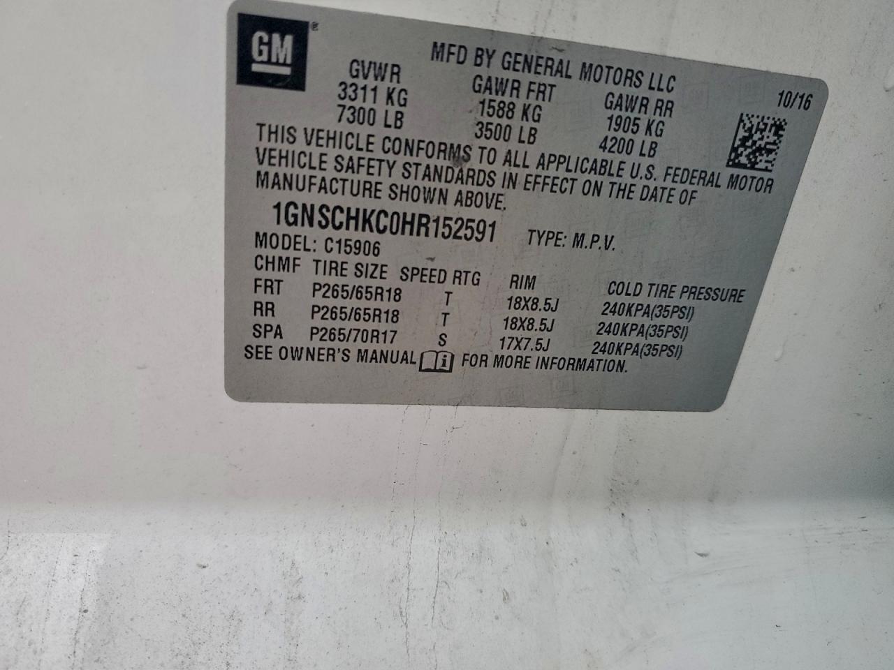 2017 Chevrolet Suburban C1500 Lt VIN: 1GNSCHKC0HR152591 Lot: 94637415