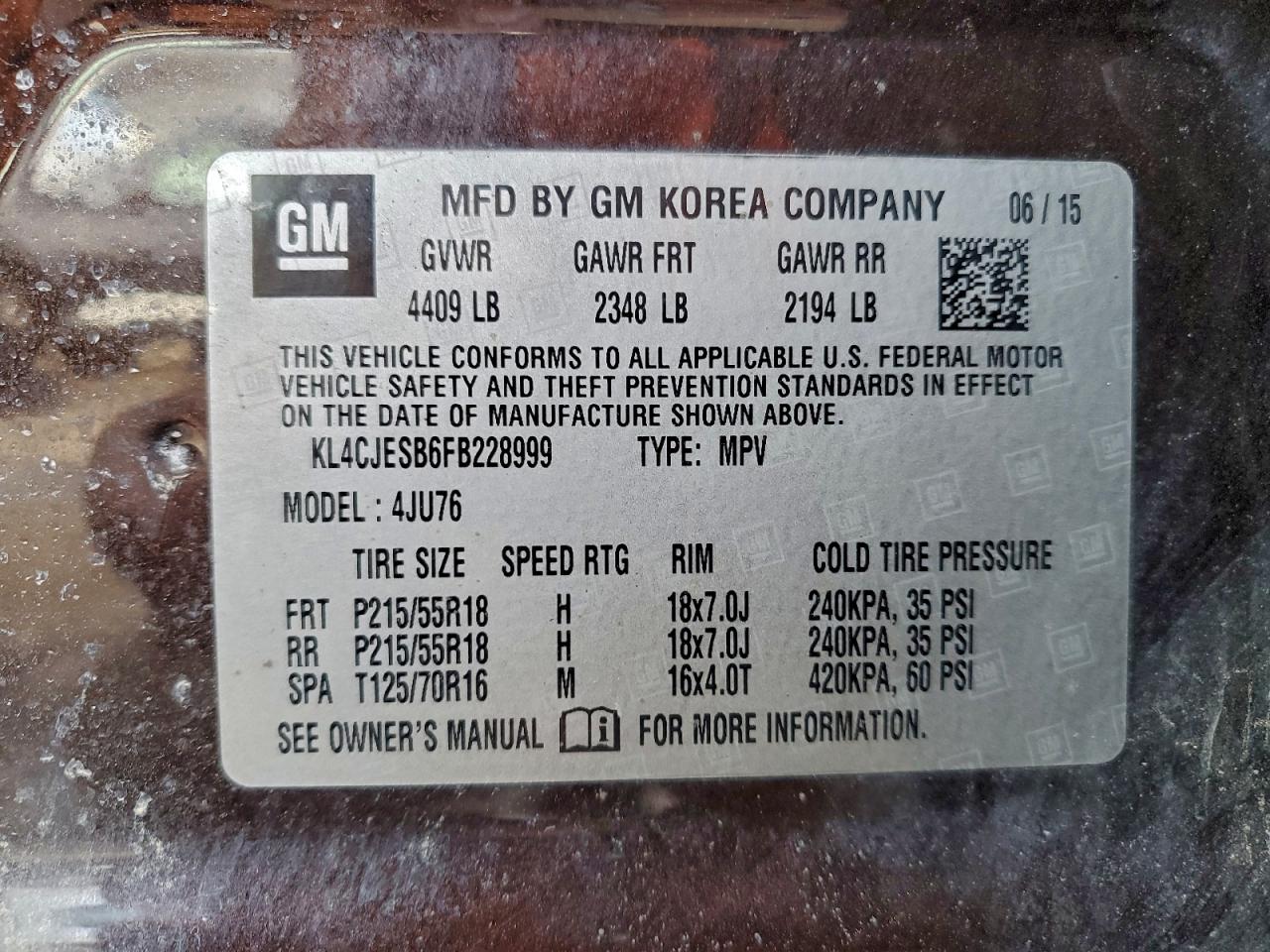 2015 Buick Encore VIN: KL4CJESB6FB228999 Lot: 95485455