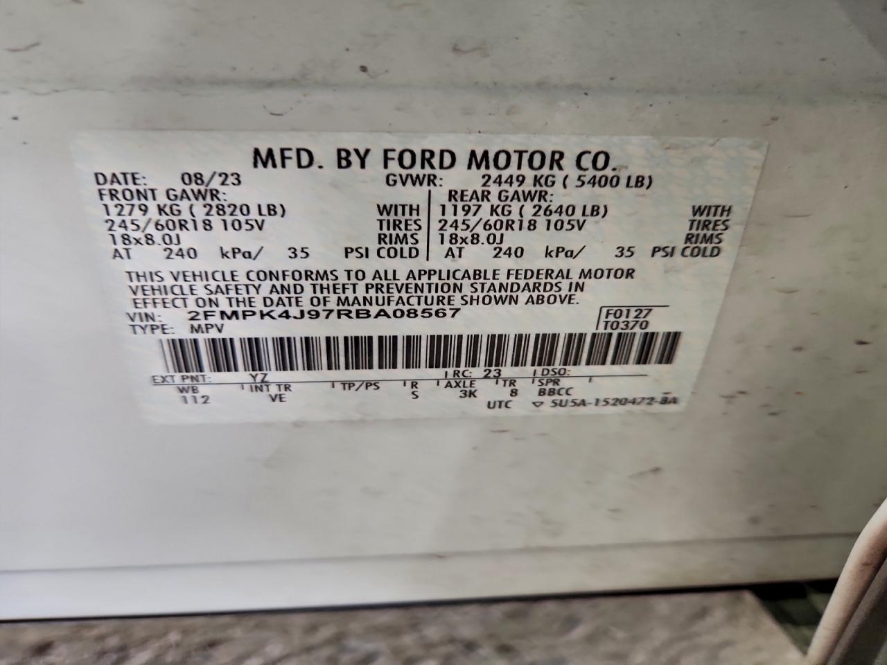 2024 Ford Edge Sel VIN: 2FMPK4J97RBA08567 Lot: 94895835