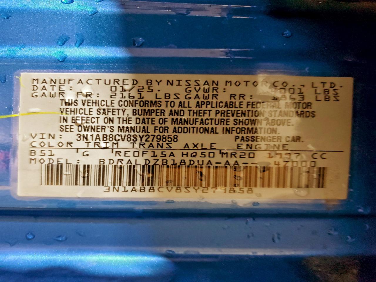 2025 Nissan Sentra Sv VIN: 3N1AB8CV8SY279858 Lot: 94885205