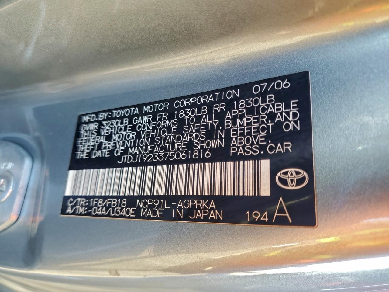 2007 Toyota Yaris VIN: JTDJT923375061816 Lot: 95005205