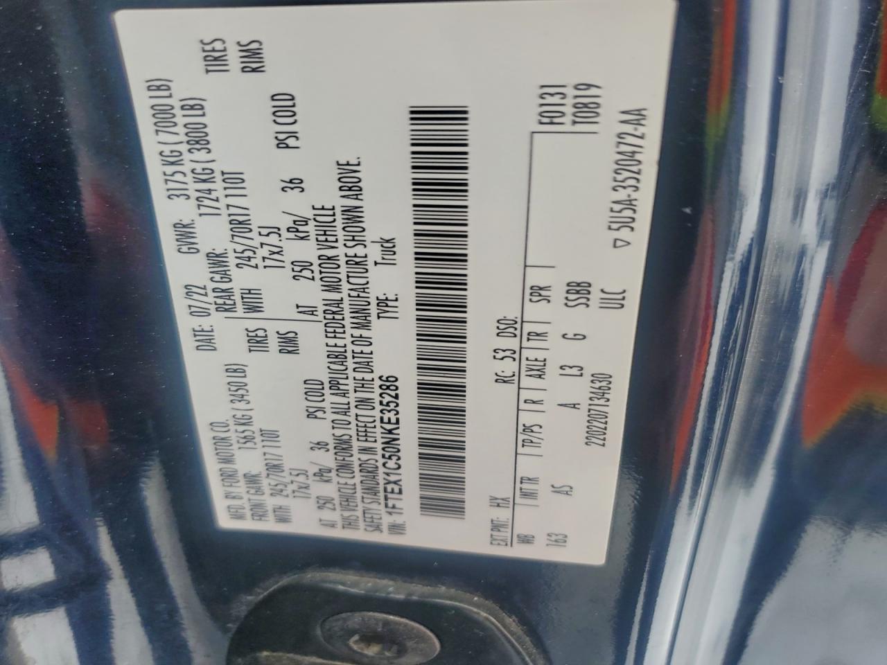 2022 Ford F150 Super Cab VIN: 1FTEX1C50NKE35286 Lot: 92307505