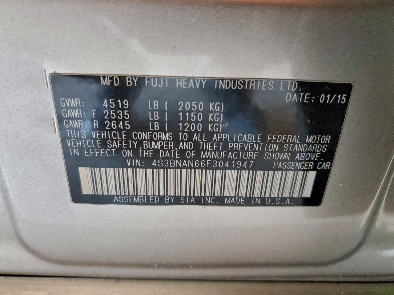 2015 Subaru Legacy 2.5I Limited VIN: 4S3BNAN66F3041947 Lot: 94796795