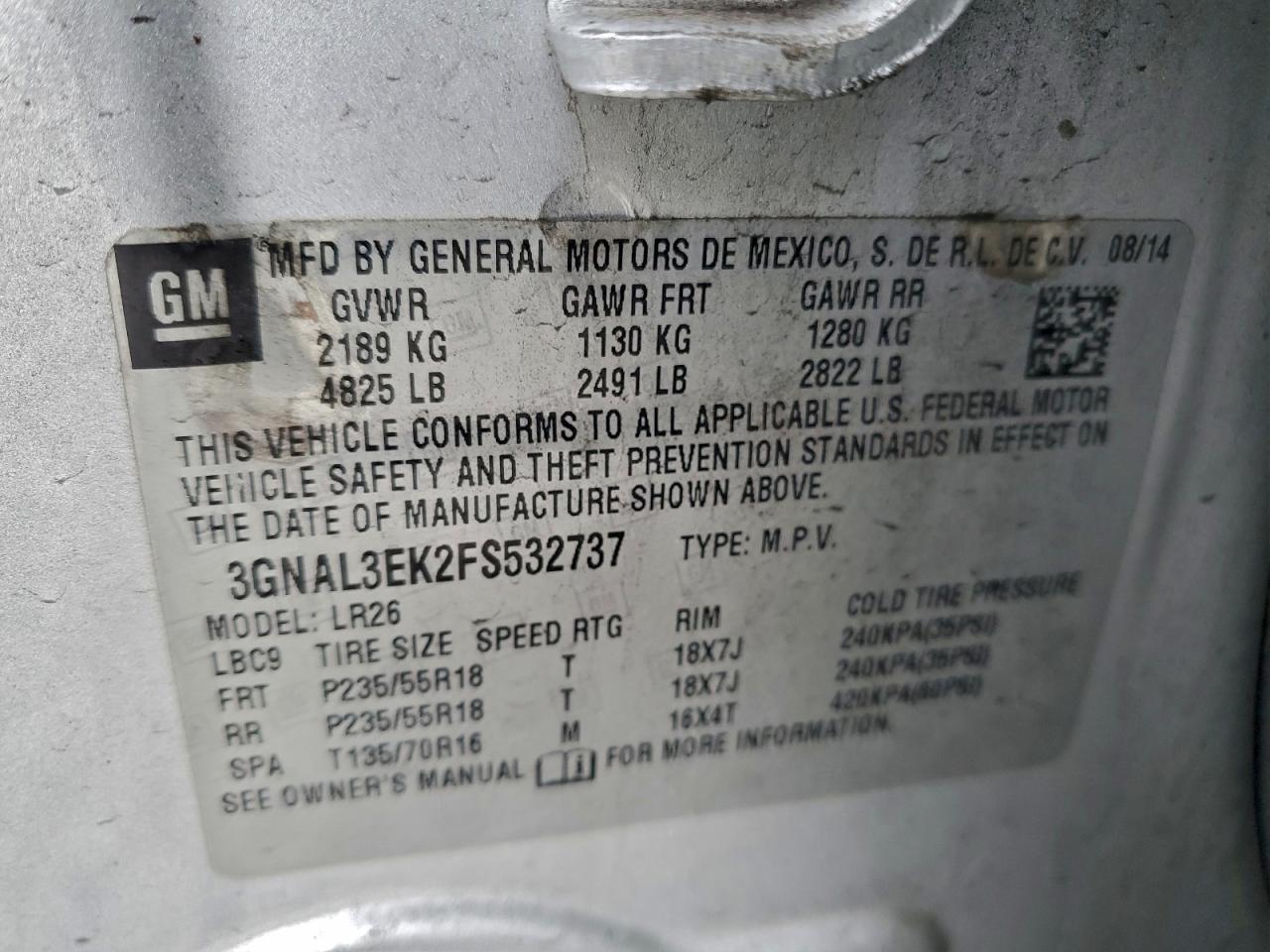 2015 Chevrolet Captiva Lt VIN: 3GNAL3EK2FS532737 Lot: 96003245