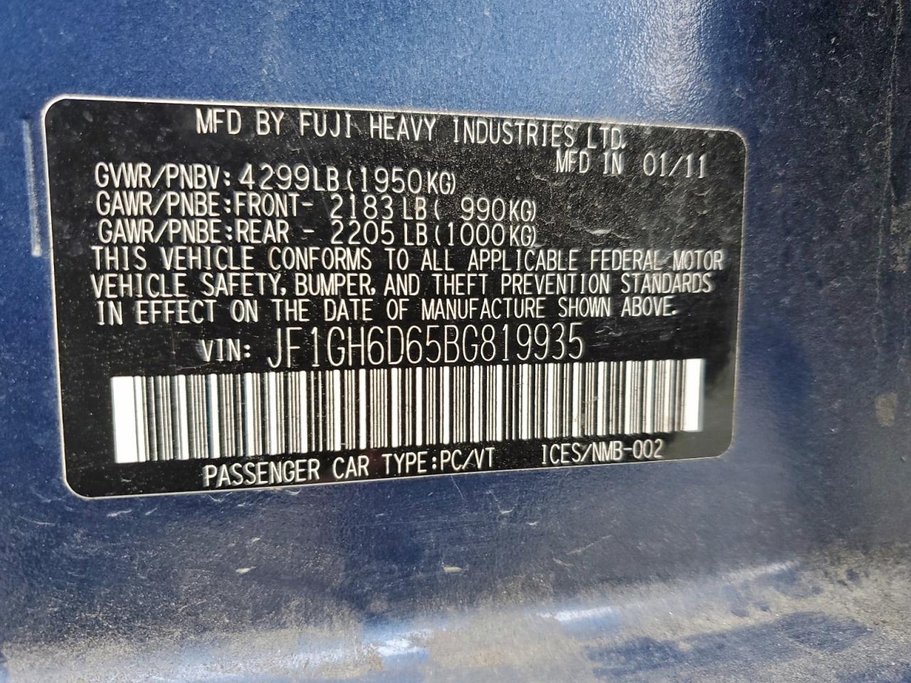 2011 Subaru Impreza Outback Sport VIN: JF1GH6D65BG819935 Lot: 95085335