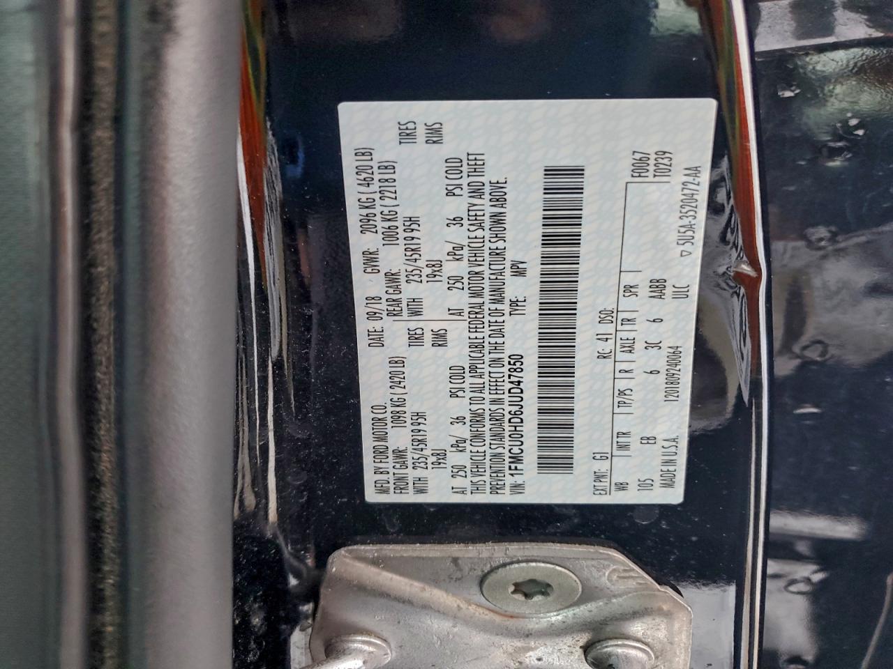 2018 Ford Escape Sel VIN: 1FMCU0HD6JUD47850 Lot: 95328905