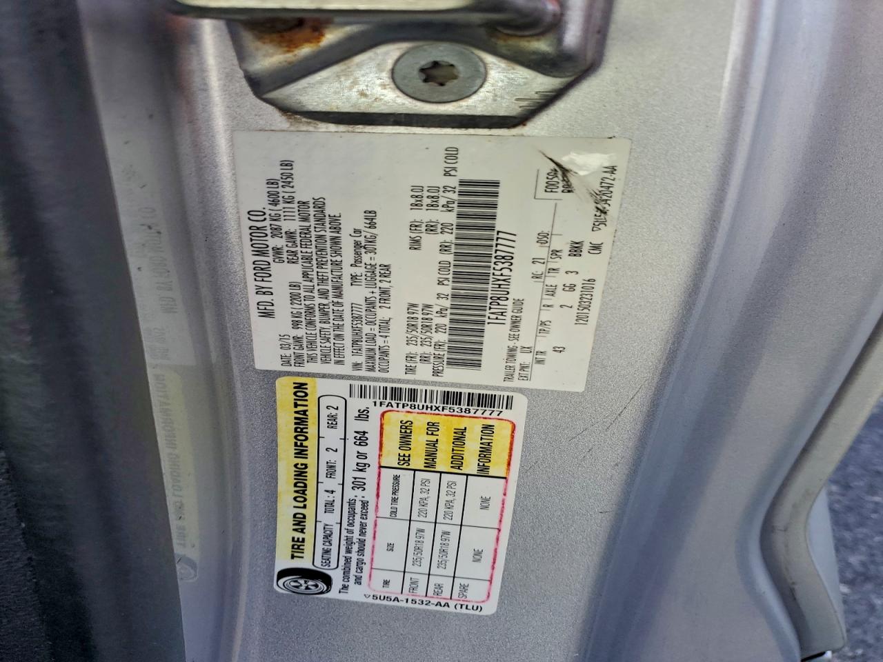 2015 Ford Mustang VIN: 1FATP8UHXF5387777 Lot: 94482665