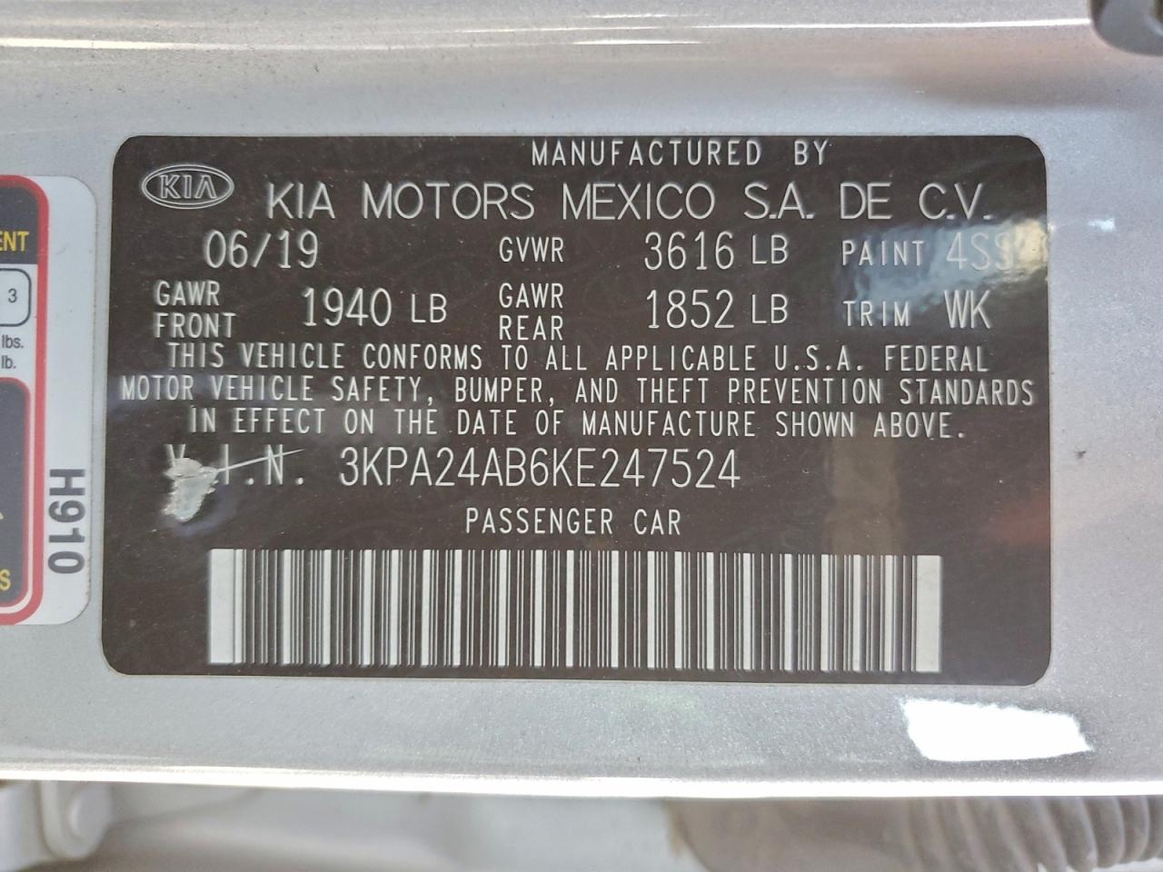 2019 Kia Rio S VIN: 3KPA24AB6KE247524 Lot: 95940345