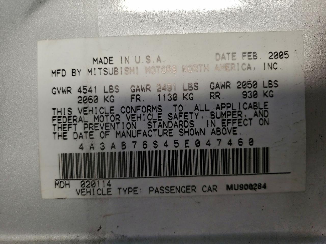 2005 Mitsubishi Galant Gts VIN: 4A3AB76S45E047460 Lot: 95151345