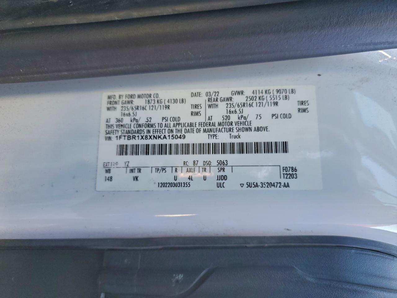 2022 Ford Transit T-250 Delivery Van VIN: 1FTBR1X8XNKA15049 Lot: 94282855