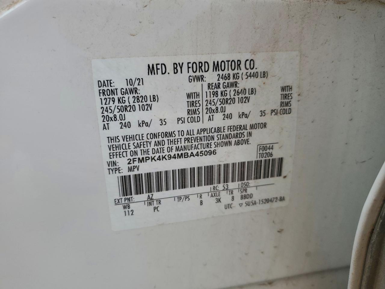2021 Ford Edge Titanium VIN: 2FMPK4K94MBA45096 Lot: 94802805
