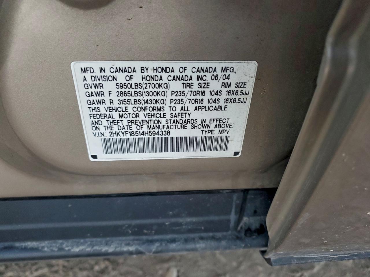 2004 Honda Pilot Exl VIN: 2HKYF18514H594338 Lot: 95901785