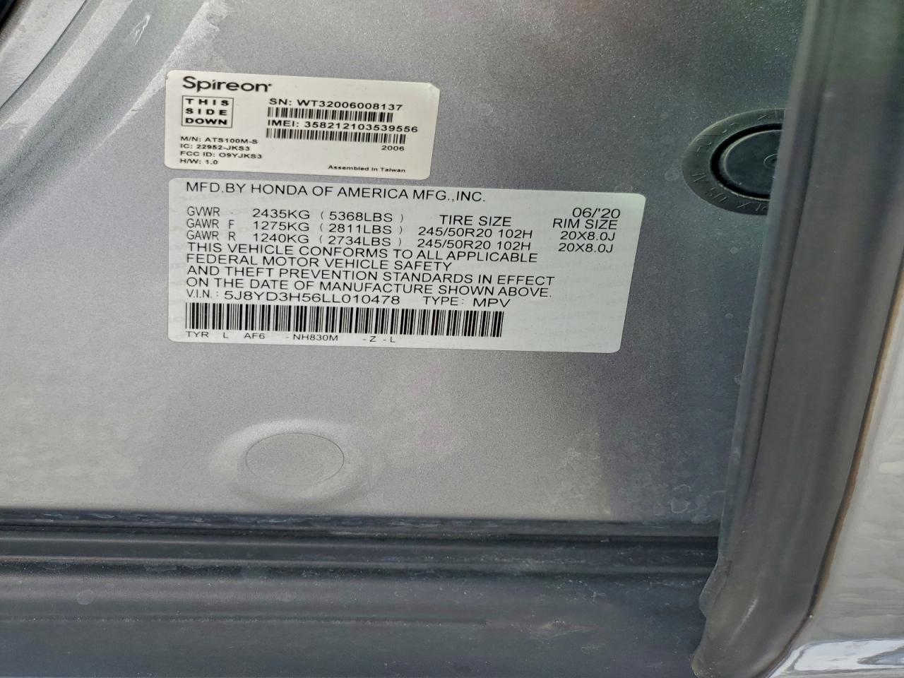 2020 Acura Mdx Technology VIN: 5J8YD3H56LL010478 Lot: 95311005