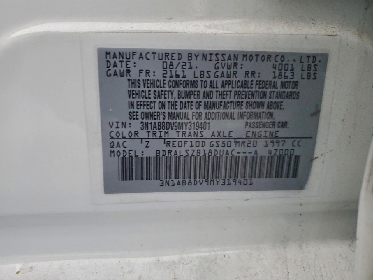 2021 Nissan Sentra Sr VIN: 3N1AB8DV9MY319401 Lot: 94232755