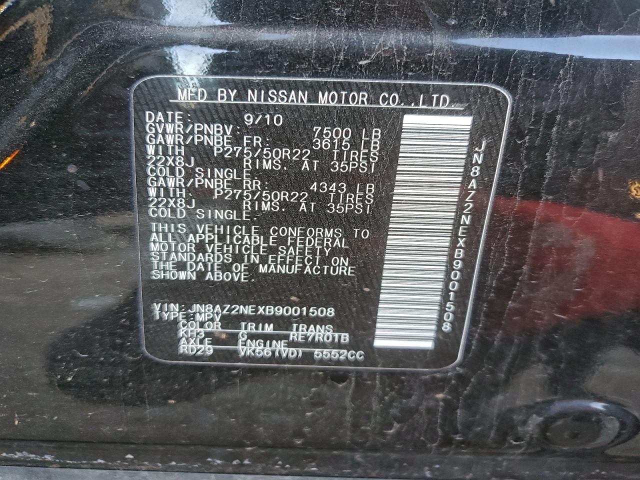 2011 Infiniti Qx56 VIN: JN8AZ2NEXB9001508 Lot: 95081035