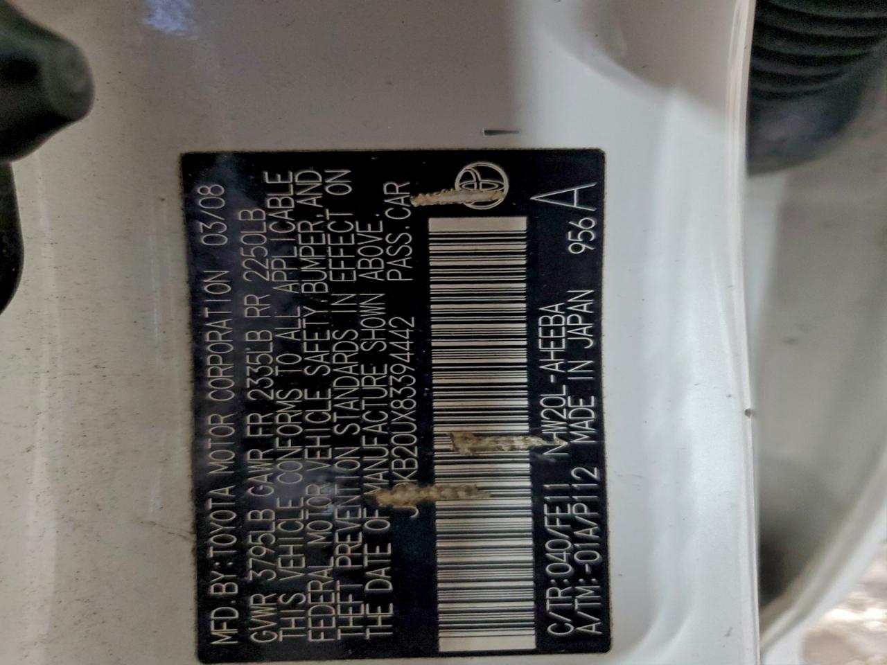 2008 Toyota Prius VIN: JTDKB20UX83394442 Lot: 94776245