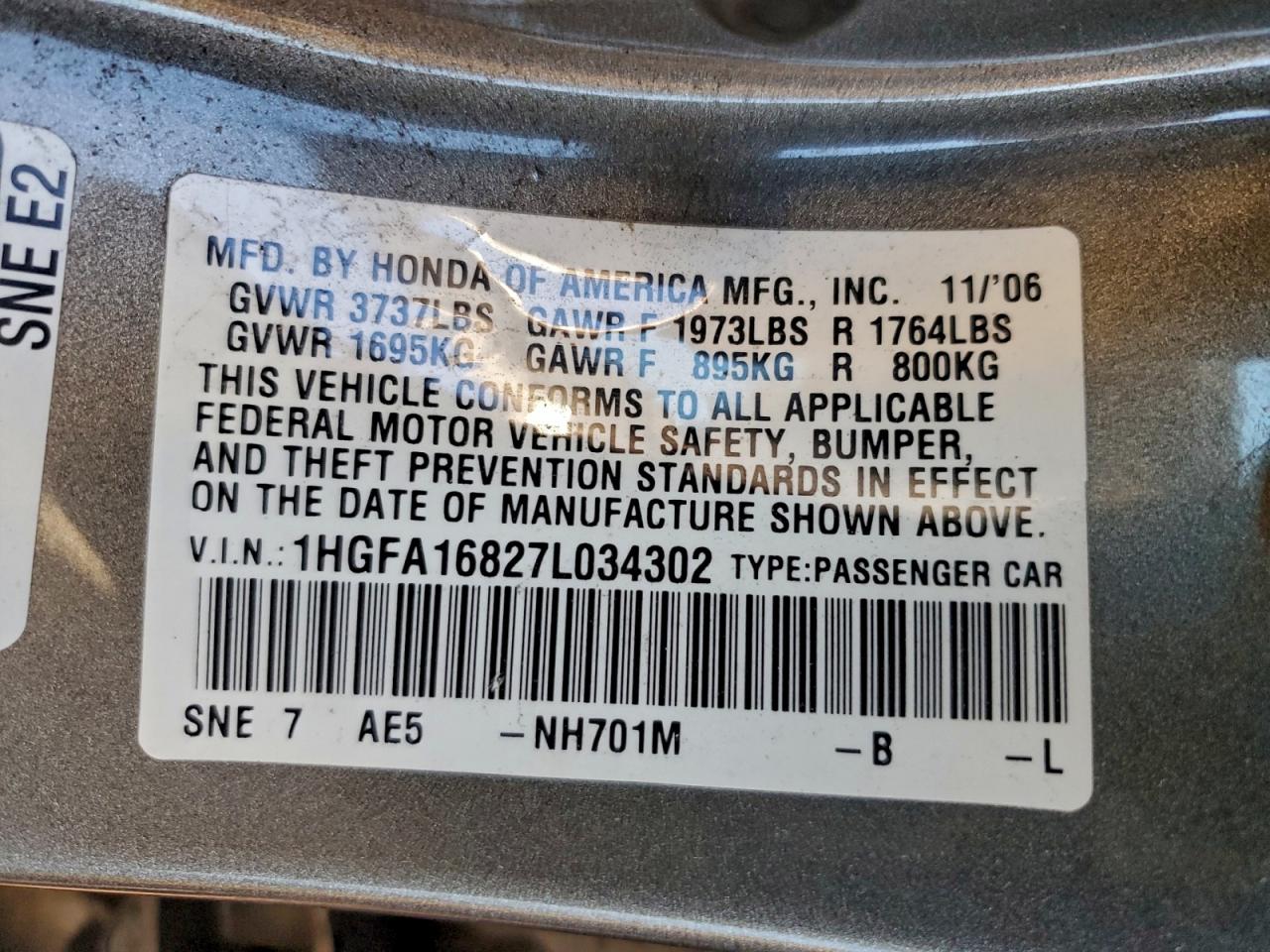 2007 Honda Civic Ex VIN: 1HGFA16827L034302 Lot: 95059375