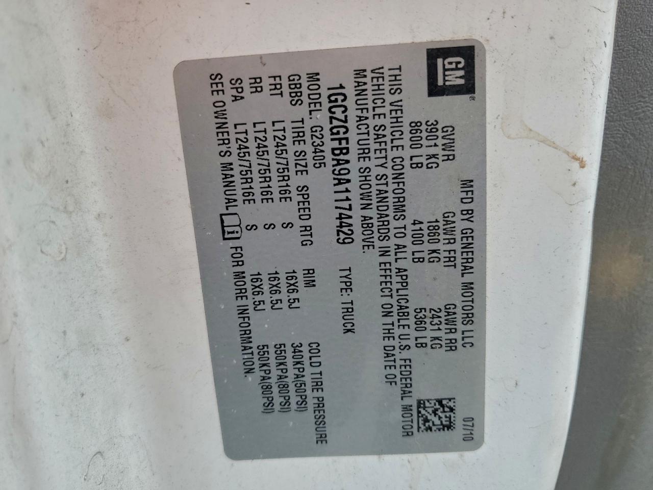 2010 Chevrolet Express G2500 VIN: 1GCZGFBA9A1174429 Lot: 95269495