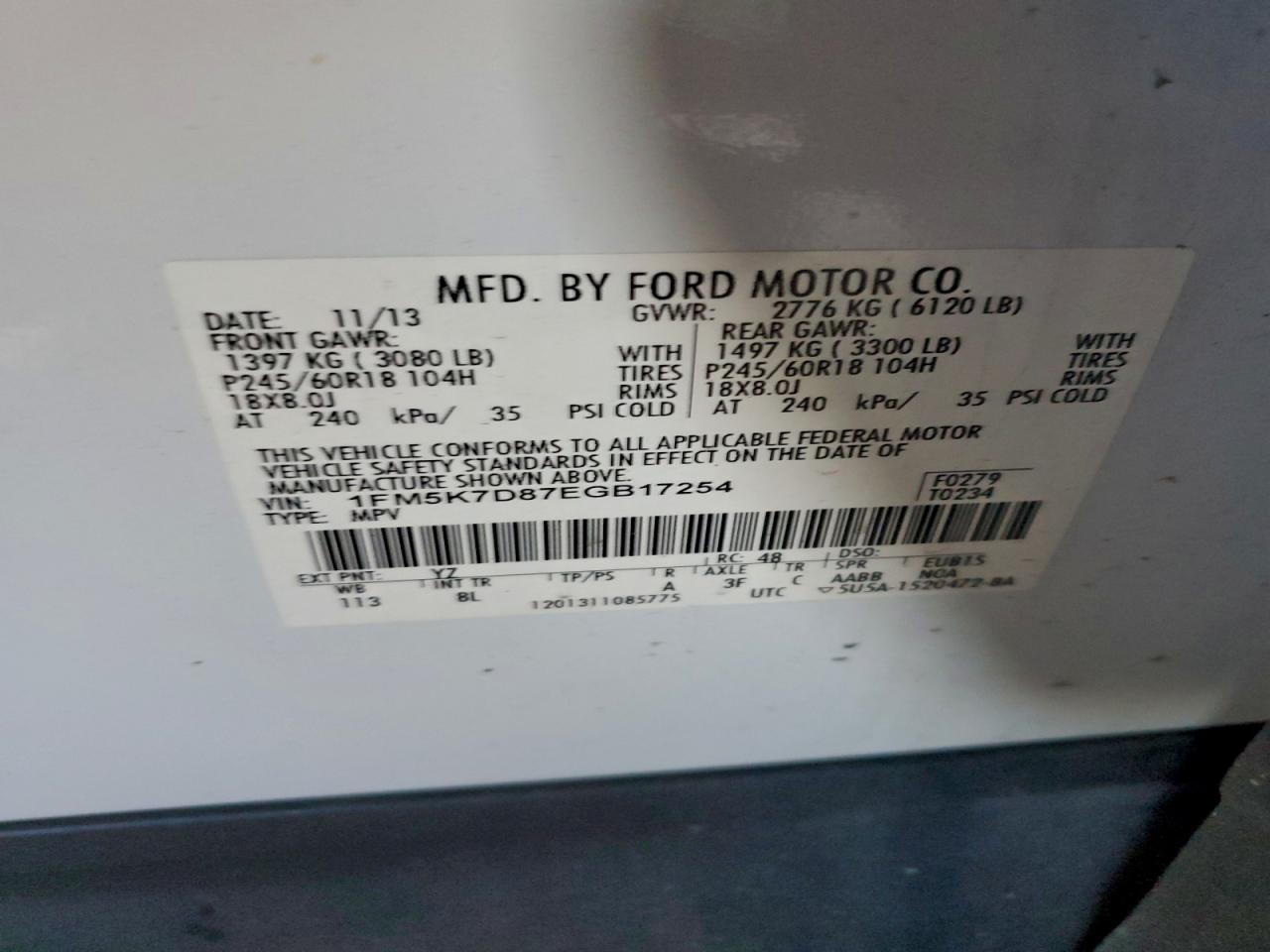 2014 Ford Explorer Xlt VIN: 1FM5K7D87EGB17254 Lot: 95886515