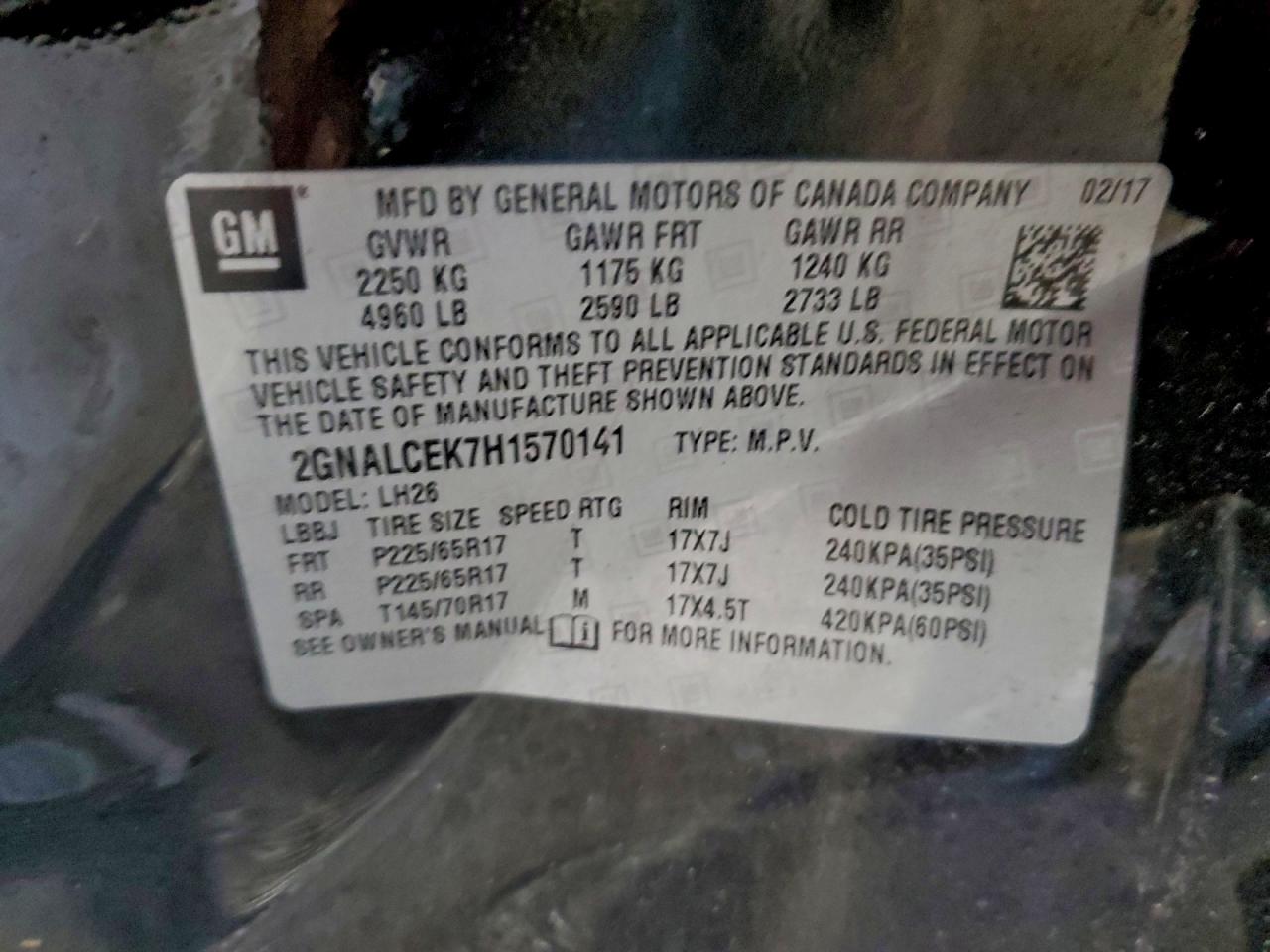 2017 Chevrolet Equinox Lt VIN: 2GNALCEK7H1570141 Lot: 95749935