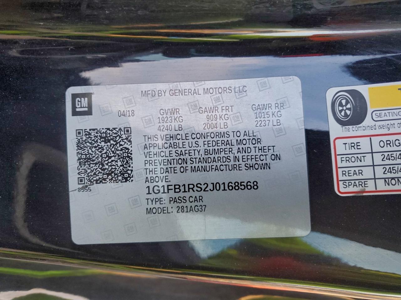 2018 Chevrolet Camaro Lt VIN: 1G1FB1RS2J0168568 Lot: 95631685