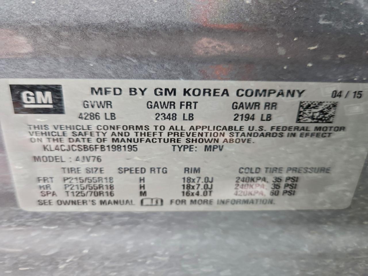 2015 Buick Encore VIN: KL4CJCSB6FB198195 Lot: 95202535