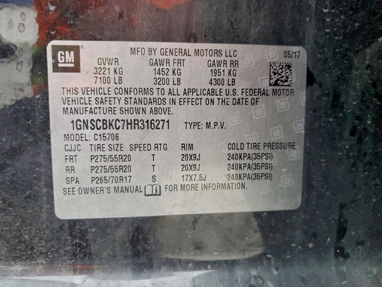 2017 Chevrolet Tahoe C1500 Lt VIN: 1GNSCBKC7HR316271 Lot: 95439895