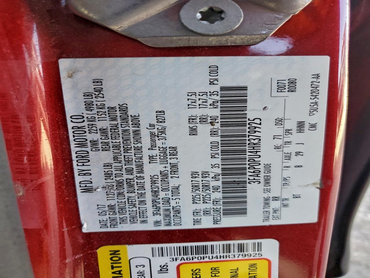 2017 Ford Fusion Se Phev VIN: 3FA6P0PU4HR379925 Lot: 94728715