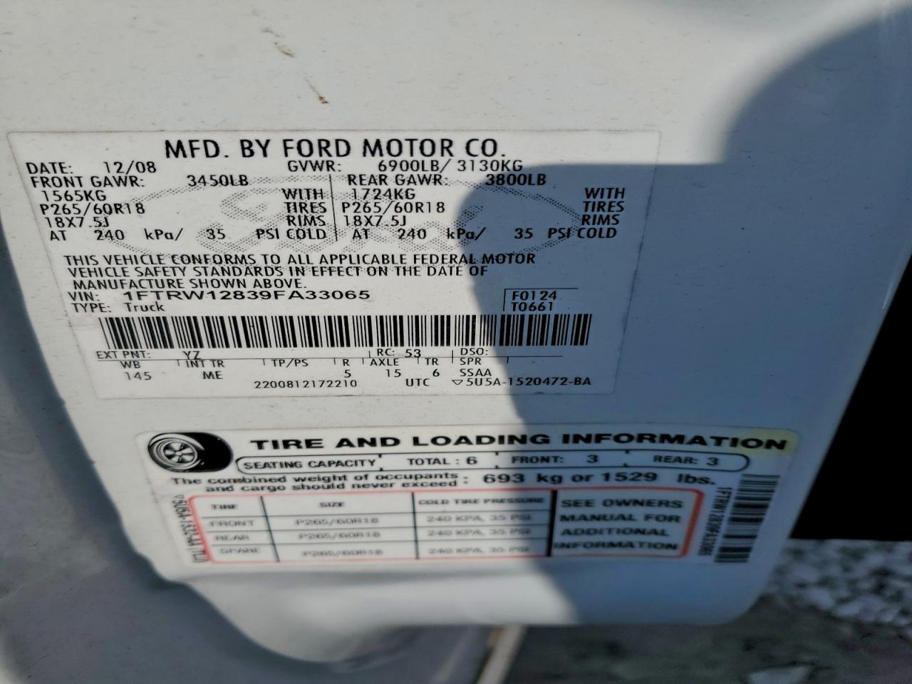 2009 Ford F150 Supercrew VIN: 1FTRW12839FA33065 Lot: 96041755