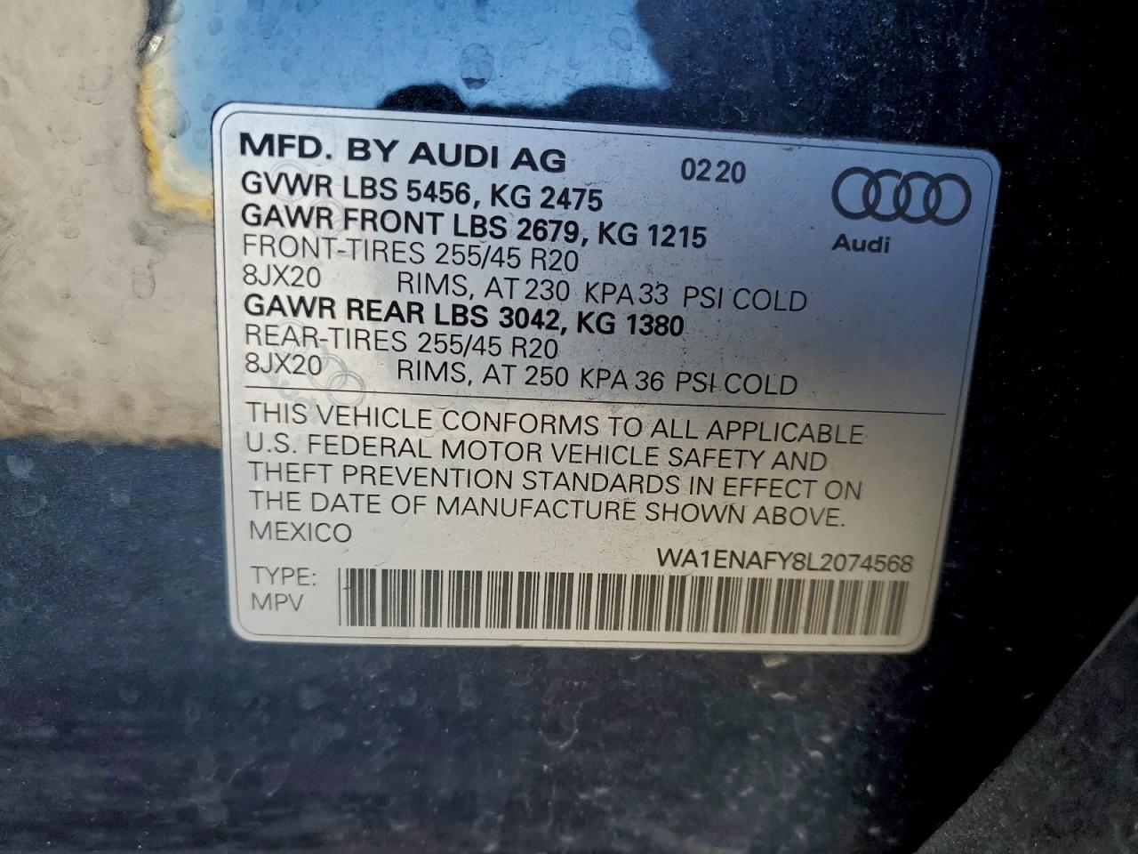 2020 Audi Q5 Titanium Premium Plus VIN: WA1ENAFY8L2074568 Lot: 94000115