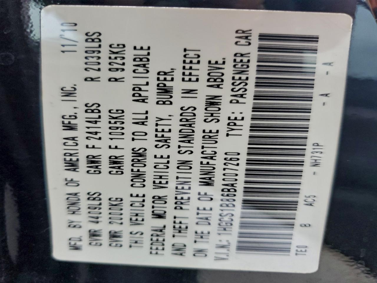 2011 Honda Accord Exl VIN: 1HGCS1B86BA007260 Lot: 95756565