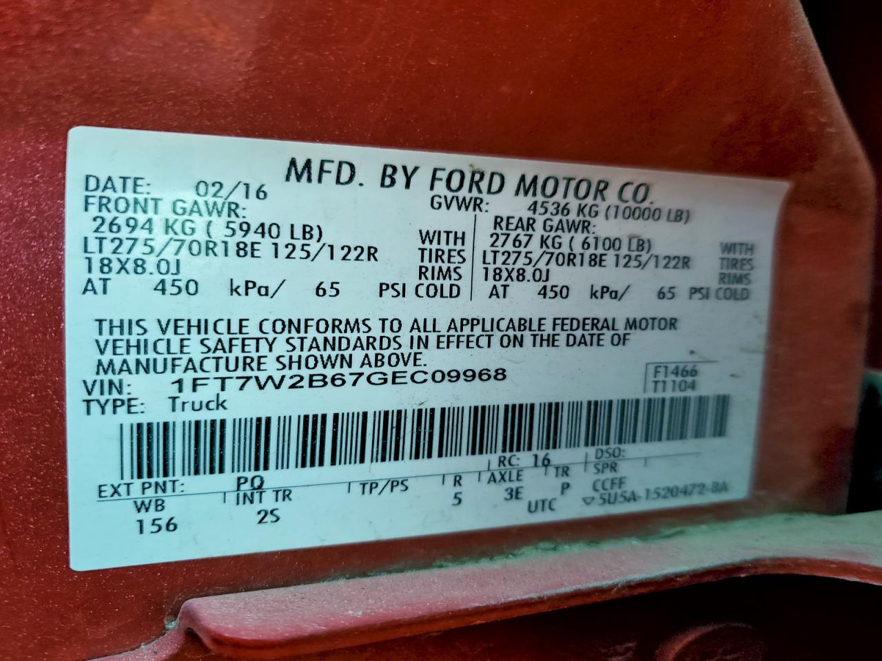 2016 Ford F250 Super Duty VIN: 1FT7W2B67GEC09968 Lot: 94567365