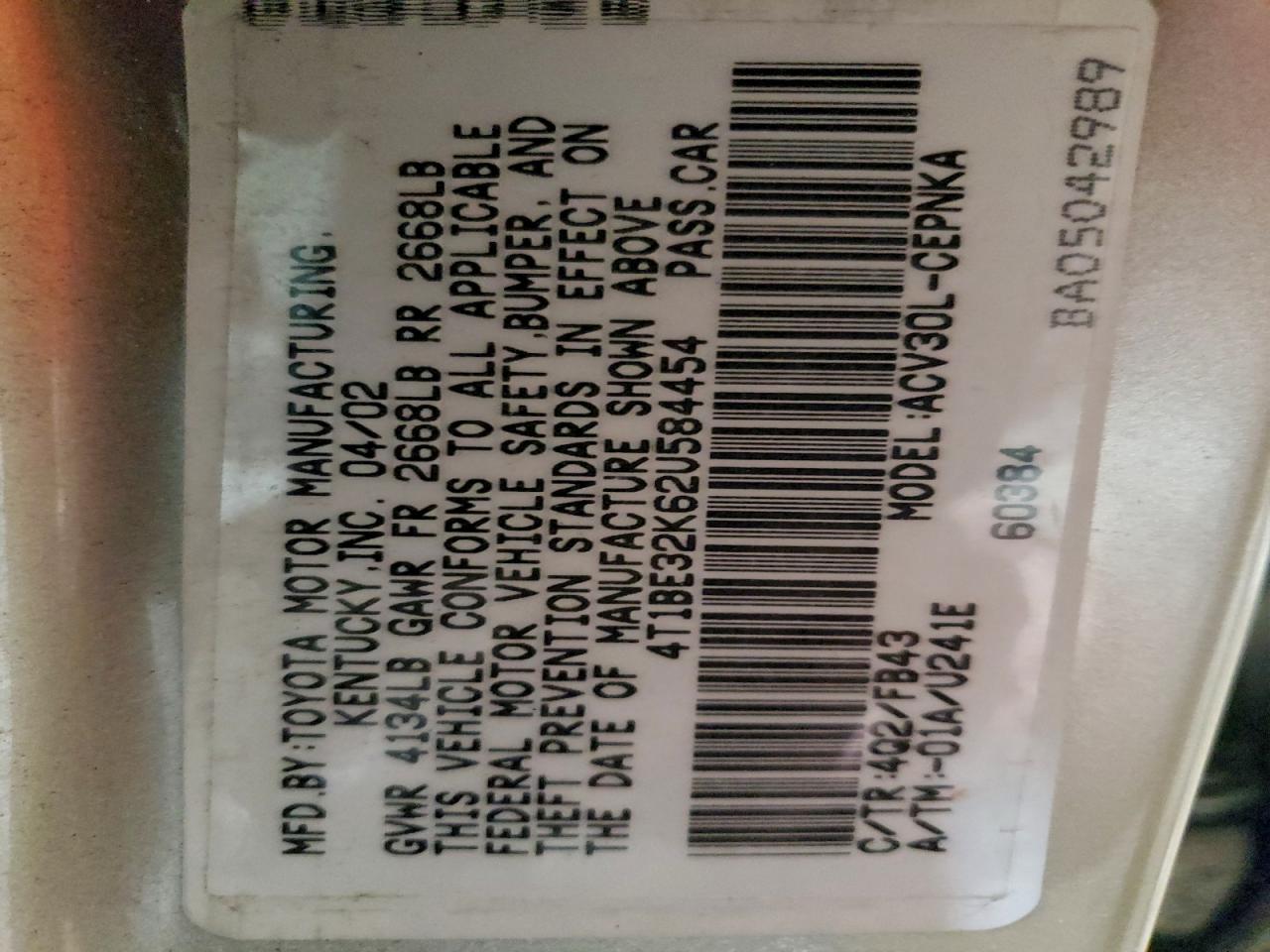 2002 Toyota Camry Le VIN: 4T1BE32K62U584454 Lot: 95390595