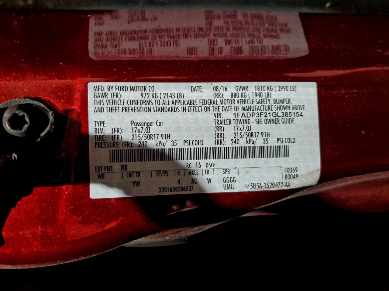 2016 Ford Focus Se VIN: 1FADP3F21GL385154 Lot: 96120455