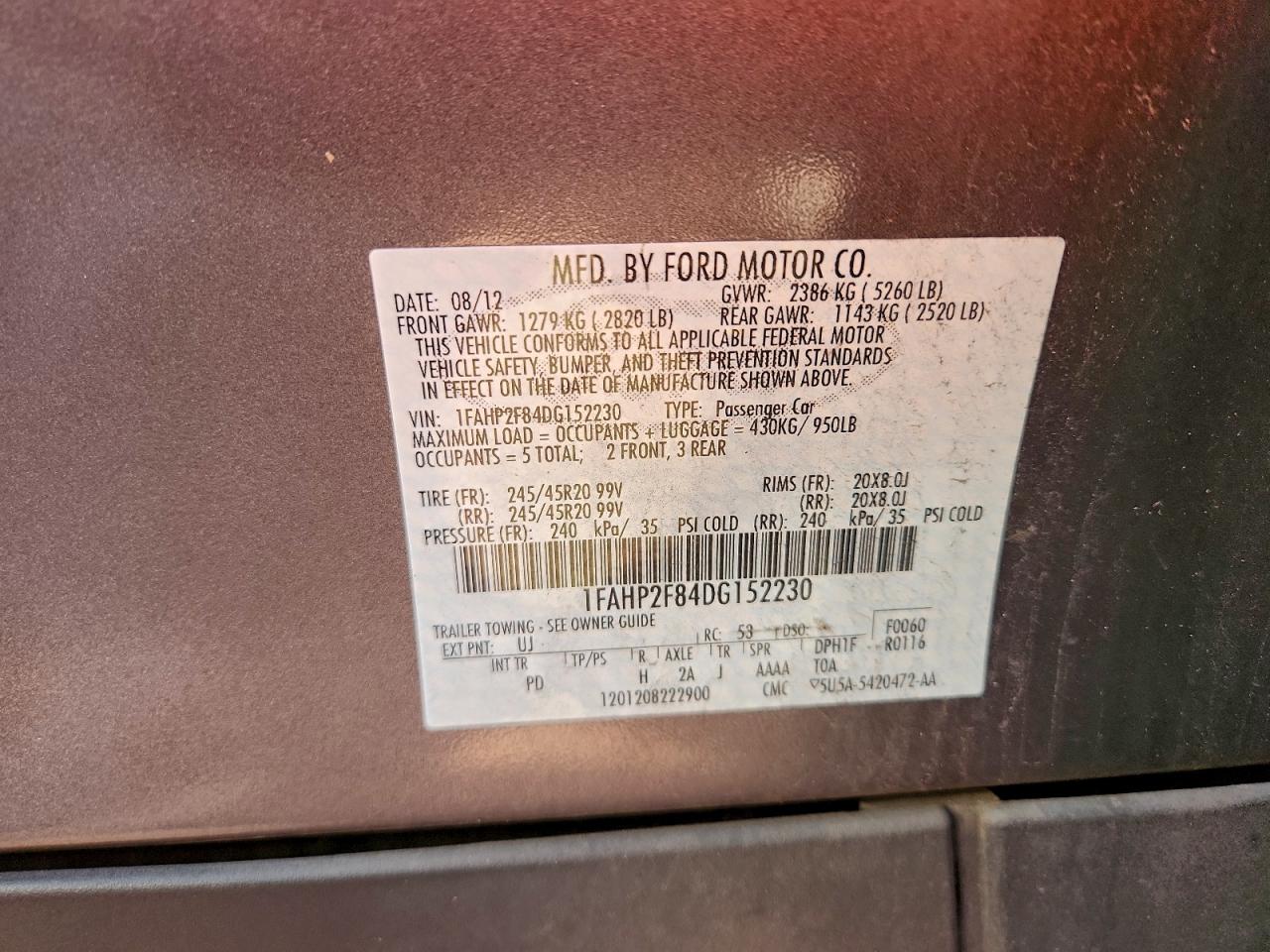 2013 Ford Taurus Limited VIN: 1FAHP2F84DG152230 Lot: 96272475