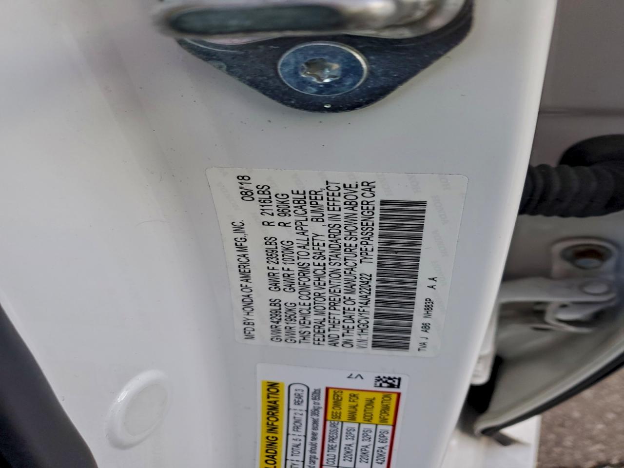 2018 Honda Accord Lx VIN: 1HGCV1F14JA220422 Lot: 95424265